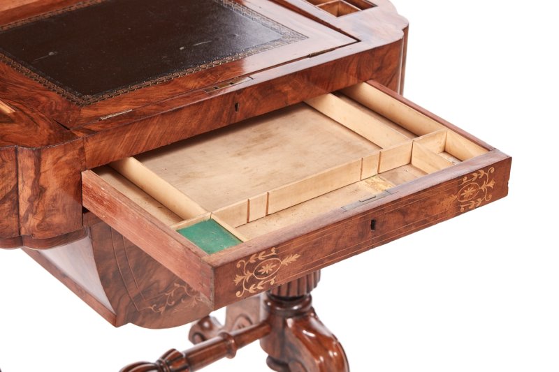 Outstanding Early Victorian 19th Century Inlaid Burr Walnut Writing or Sewing Table - Image 9